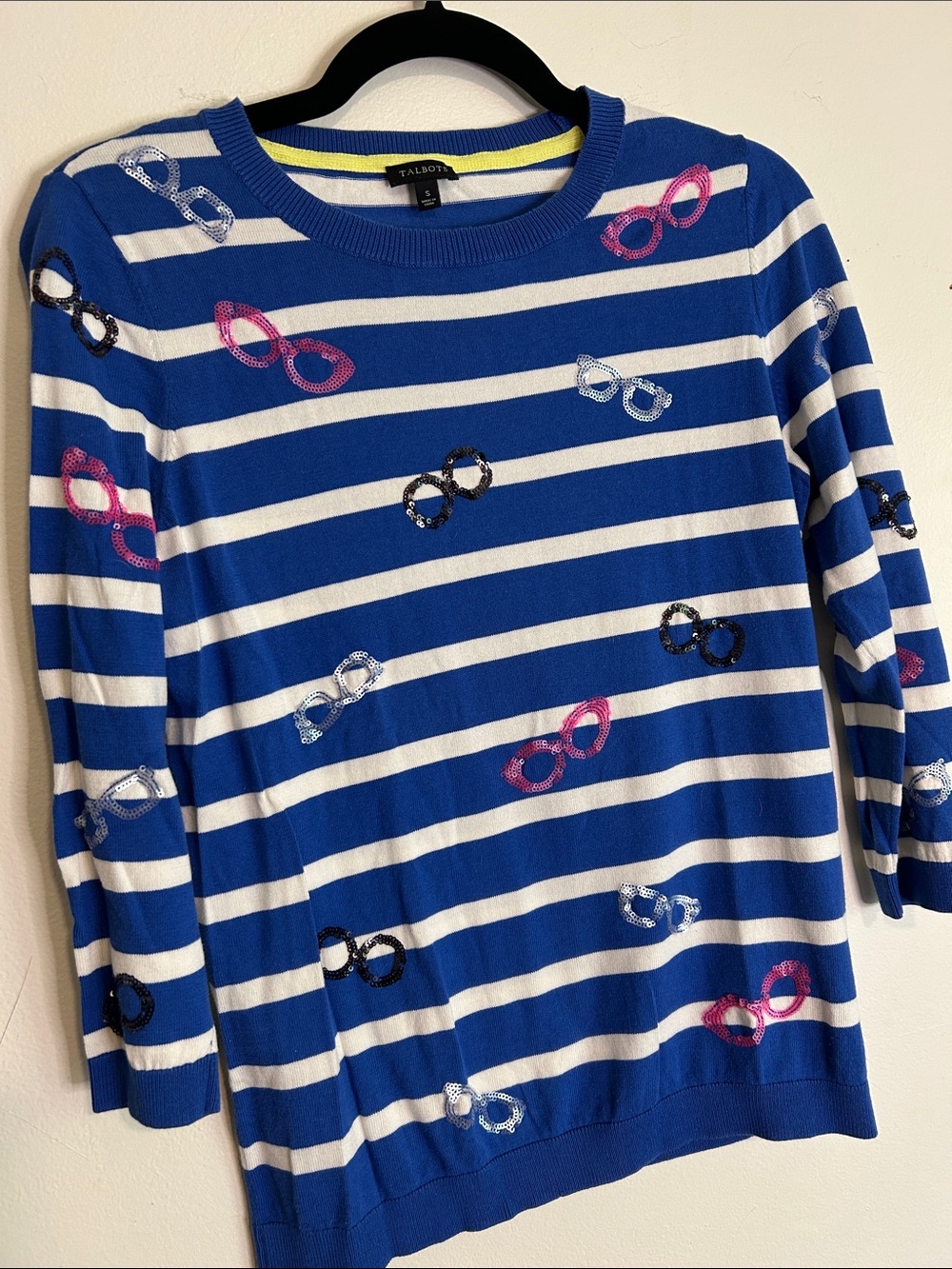 Talbots Blue and White Striped Lighweight 3/4 Sleeve Sweater with Sequin Glasses